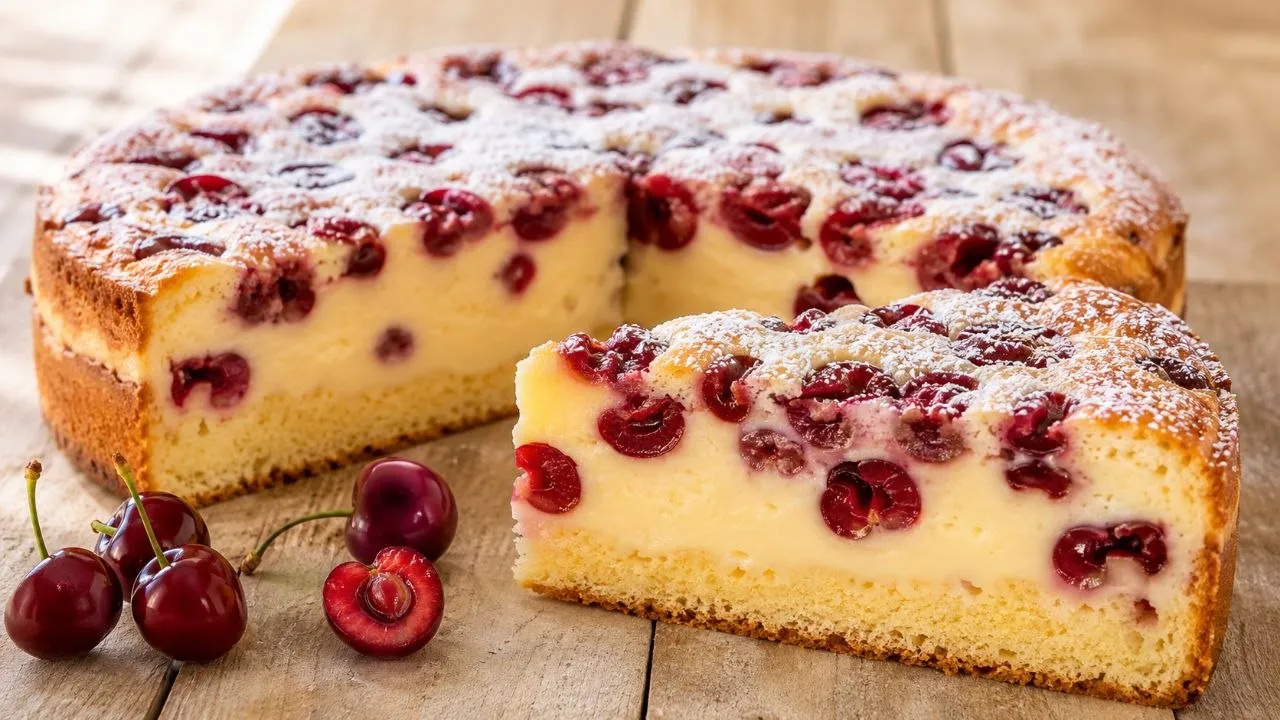 Hausgemachter Kirsch Pudding Kuchen mit cremiger Vanillepuddingfüllung, saftigen Sauerkirschen und lockerem Rührteig.