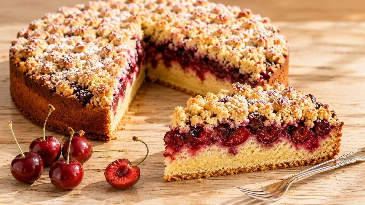 Hausgemachter Kirsch Streusel Kuchen mit saftigen Kirschen und knusprigen Butterstreuseln
