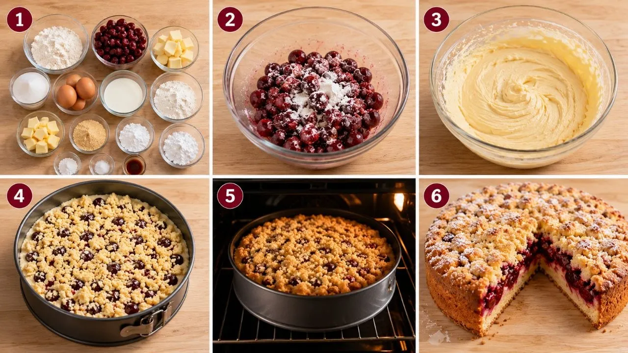 Schritt-für-Schritt Zubereitung für einen Kirsch Streusel Kuchen