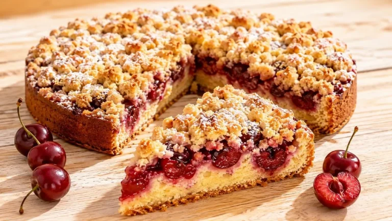 Saftiger Kirsch Streusel Kuchen mit knusprigen Butterstreuseln und frischen Sauerkirschen