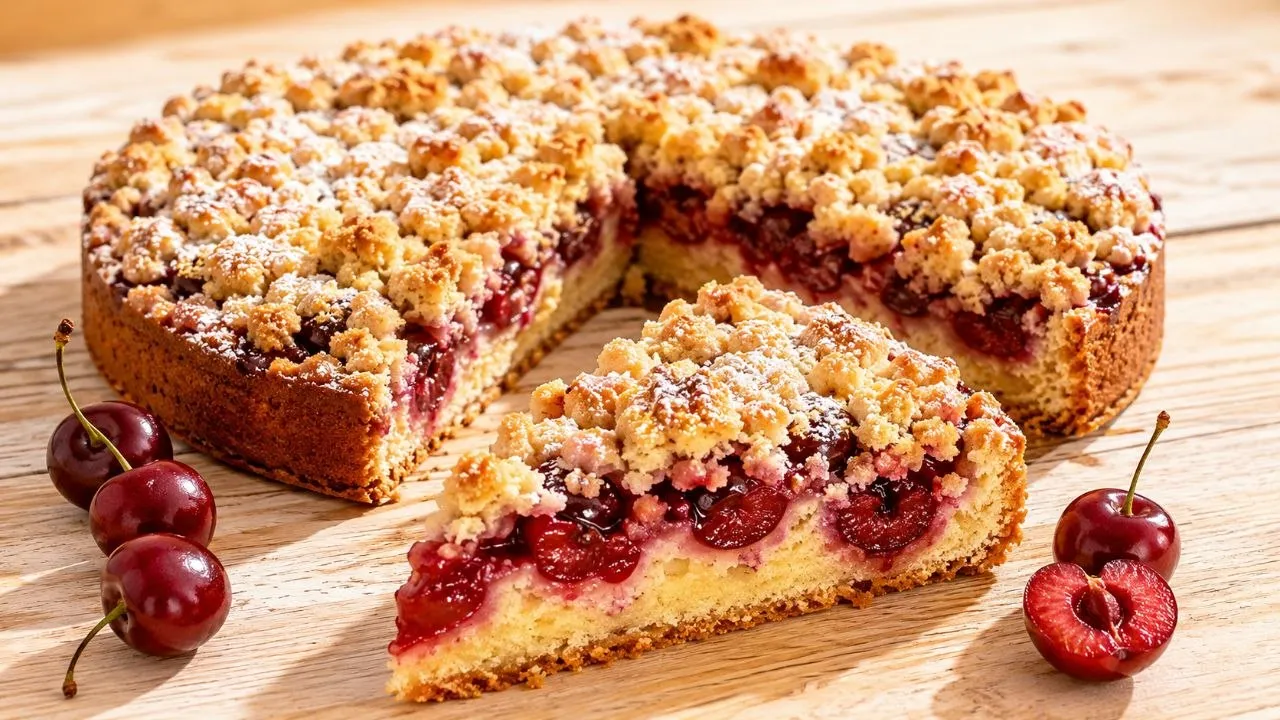 Saftiger Kirsch Streusel Kuchen mit knusprigen Butterstreuseln und frischen Sauerkirschen