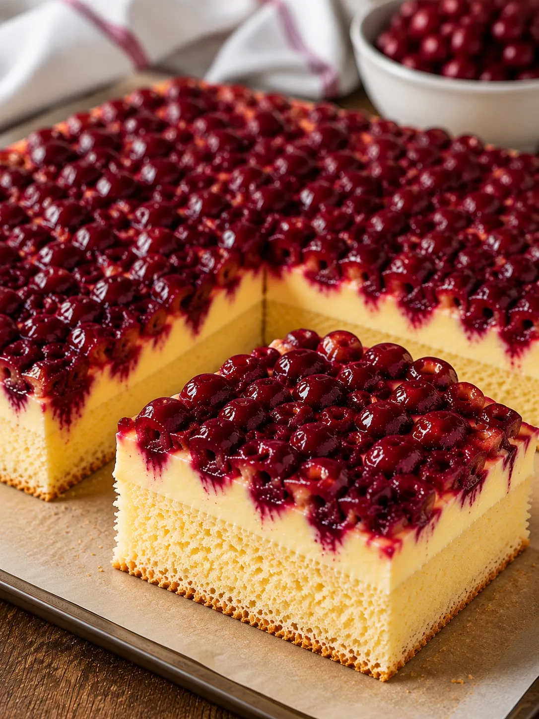Kirschkuchen mit Pudding im 3:4 Format mit cremiger Vanillefüllung und saftigen Kirschen
