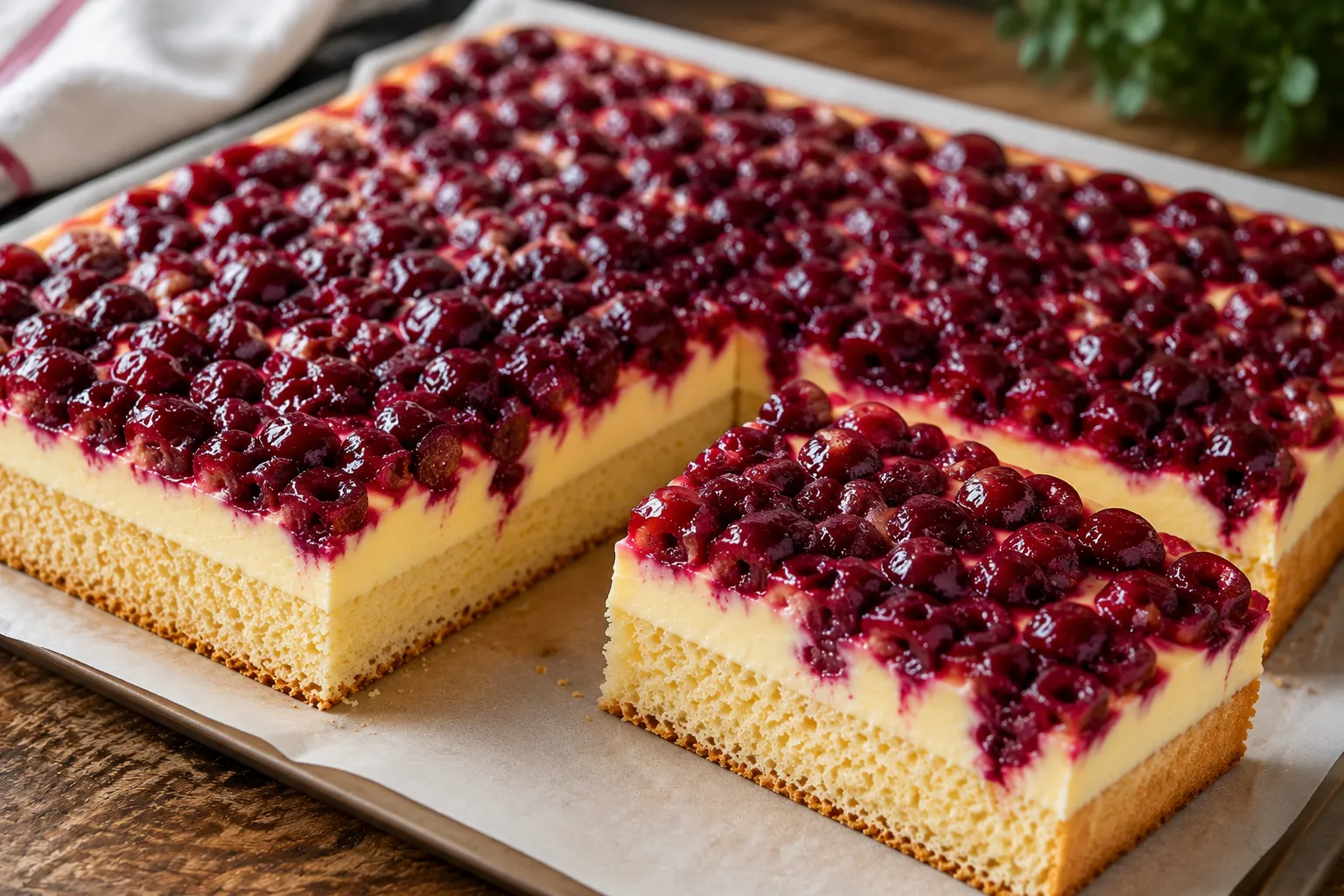 Anschnitt von Kirschkuchen mit Pudding und cremiger Vanillefüllung