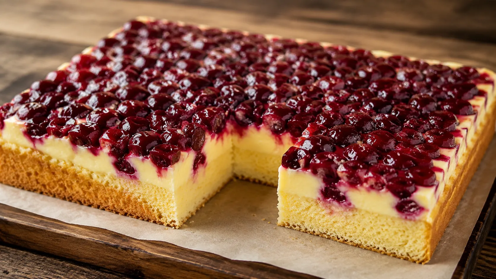 Kirschkuchen mit Pudding mit cremiger Vanillepuddingschicht und saftigen Kirschen