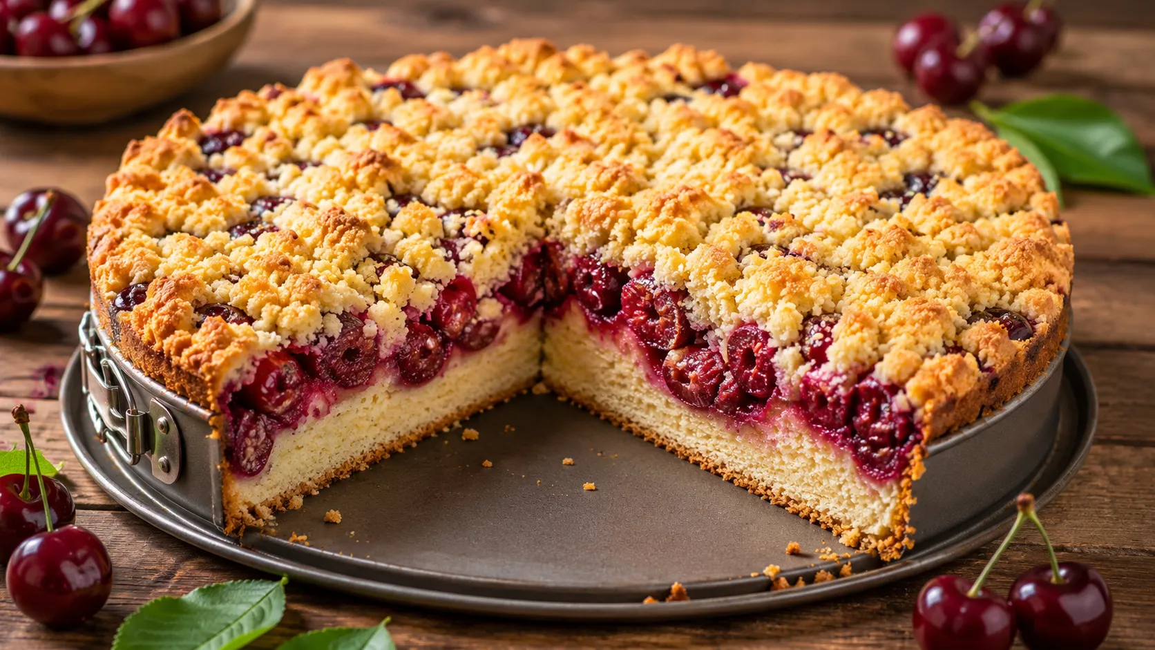 Kirschkuchen mit Streusel aus frischen Kirschen und knusprigen Butterstreuseln