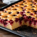 Kirschkuchen vom Blech mit frischen Kirschen und lockerem Rührteig