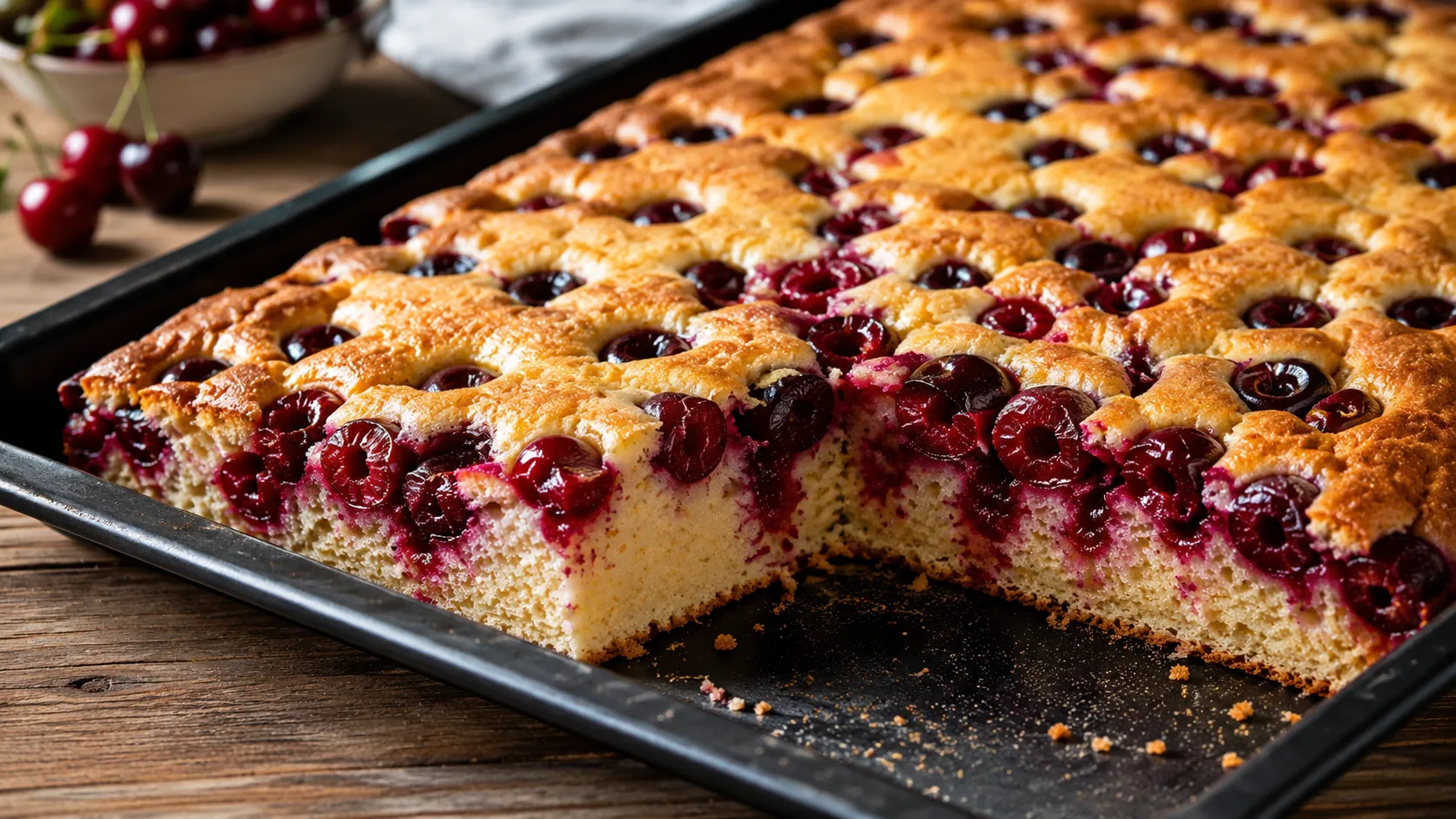 Kirschkuchen vom Blech mit frischen Kirschen und lockerem Rührteig