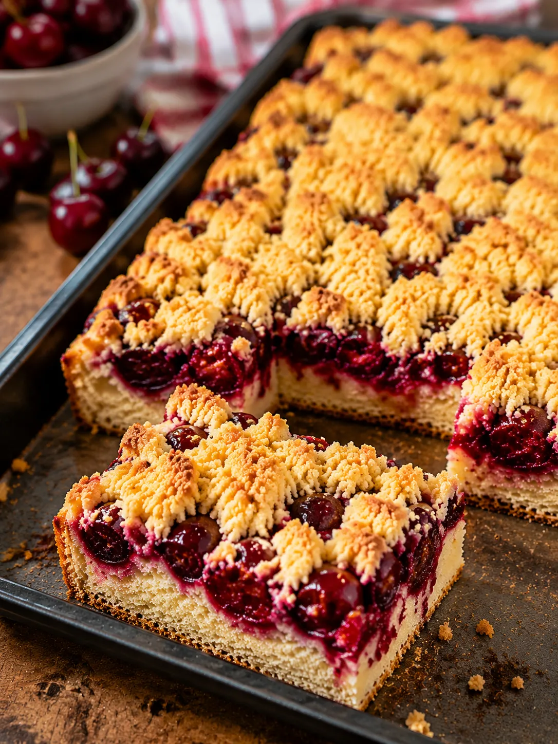 Kirschstreuselkuchen vom Blech mit saftiger Kirschschicht und knusprigen Streuseln