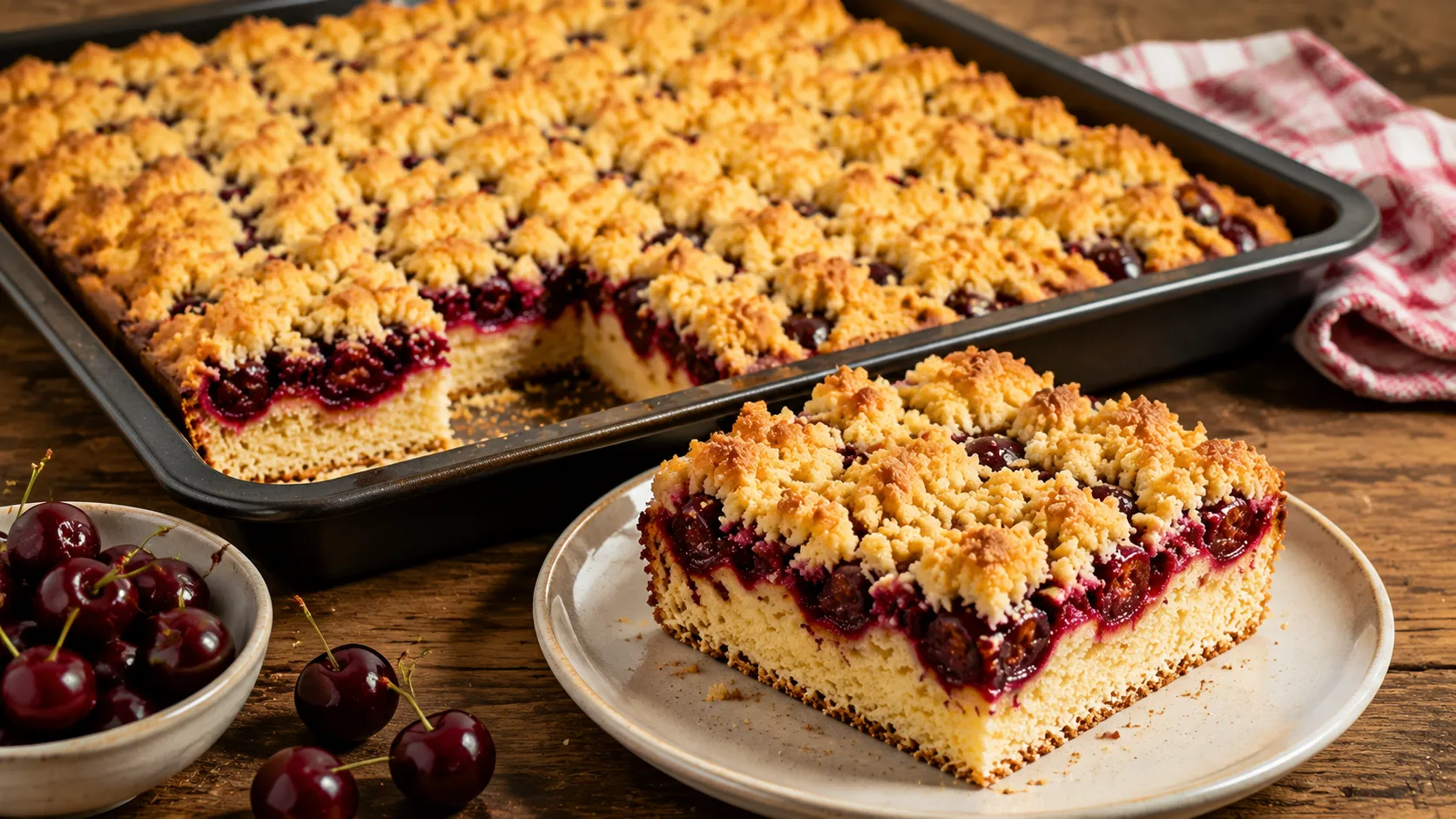 Anschnitt von Kirschstreuselkuchen vom Blech mit saftigen Kirschen und Butterstreuseln