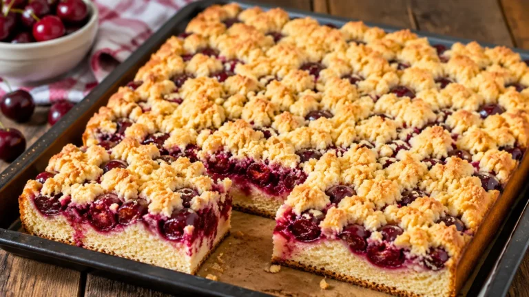 Kirschstreuselkuchen vom Blech mit saftigen Kirschen und knusprigen Butterstreuseln