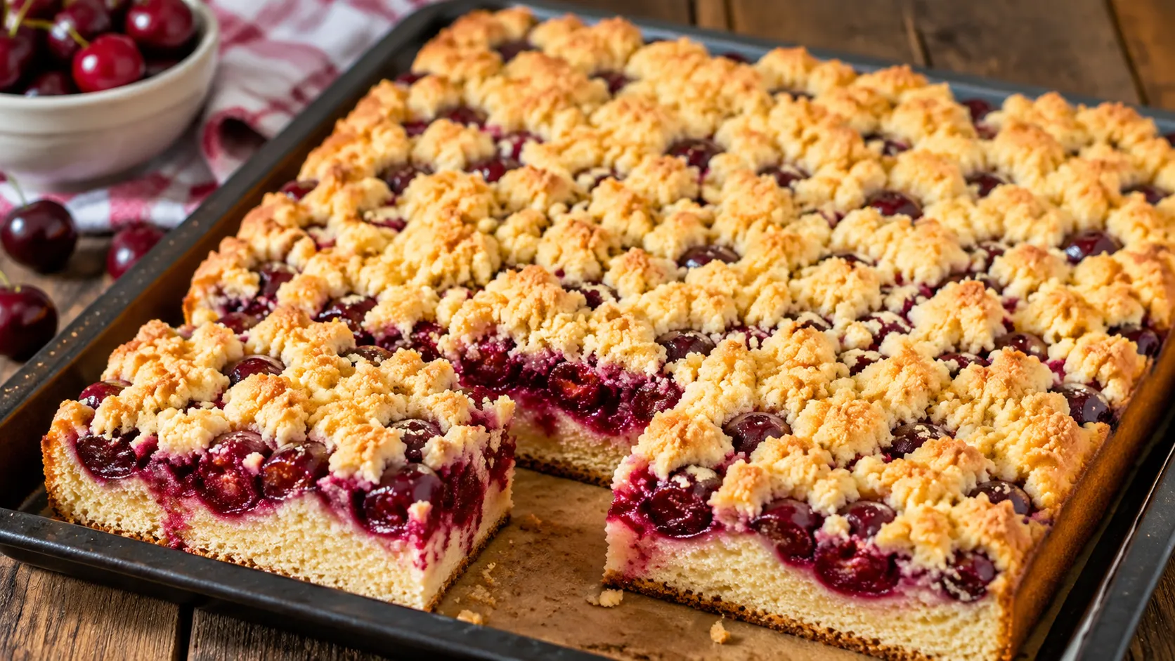 Kirschstreuselkuchen vom Blech mit saftigen Kirschen und knusprigen Butterstreuseln