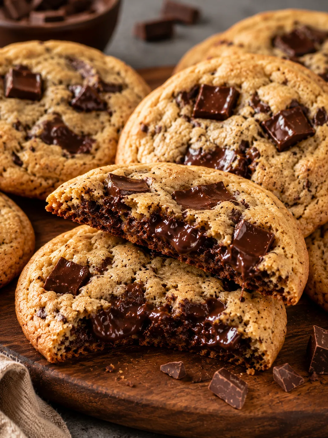 Aufgebrochener klassischer Chocolate Chip Cookie mit geschmolzener Zartbitterschokolade und weicher Mitte