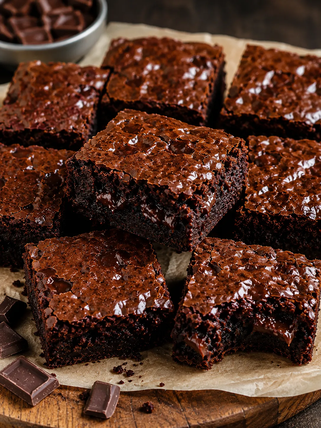 Klassische Schokoladen Brownies mit fudgy Mitte und geschmolzener Zartbitterschokolade