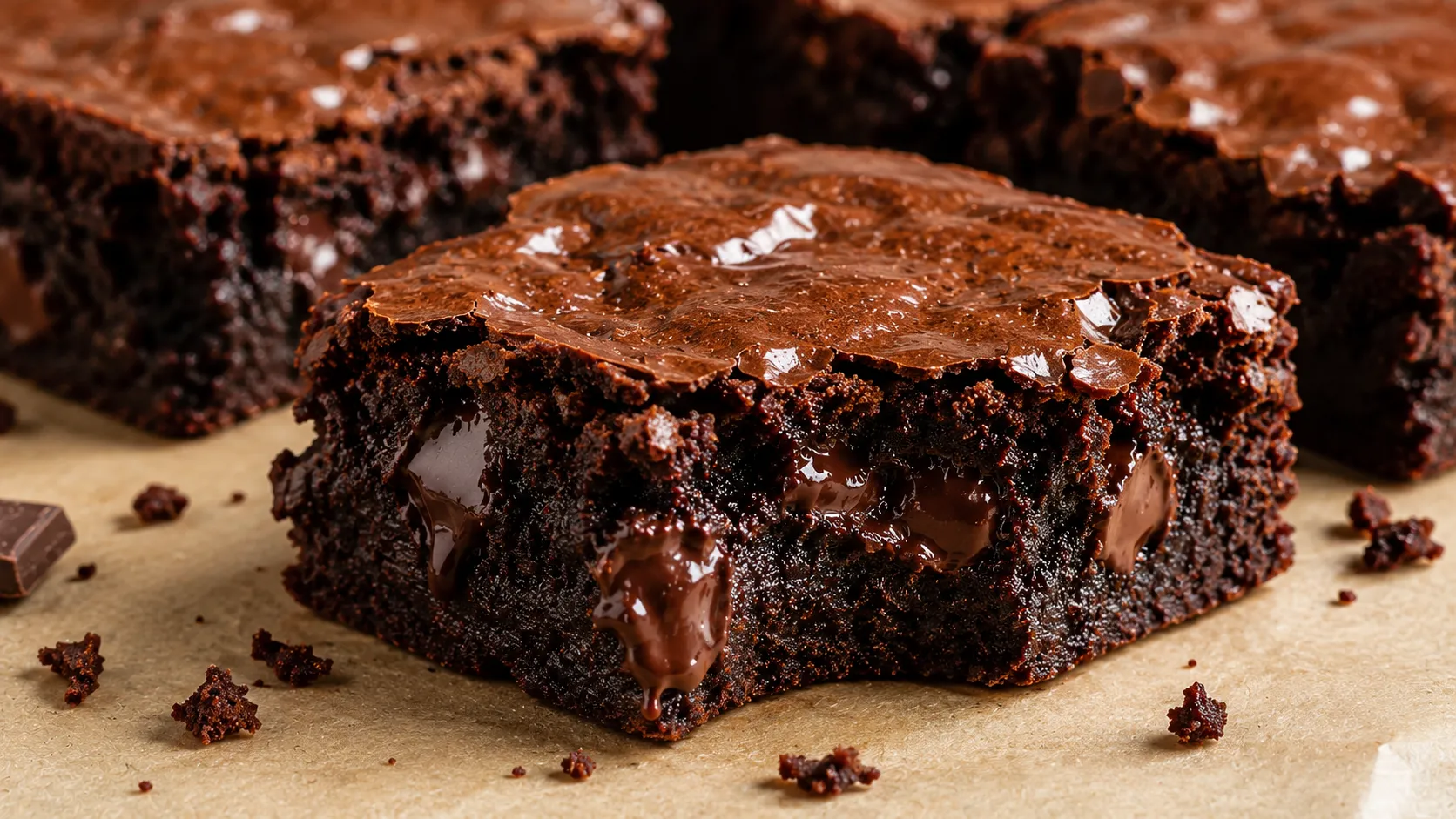 Aufgeschnittener Schokoladen Brownie mit fudgy Mitte und geschmolzener Schokolade