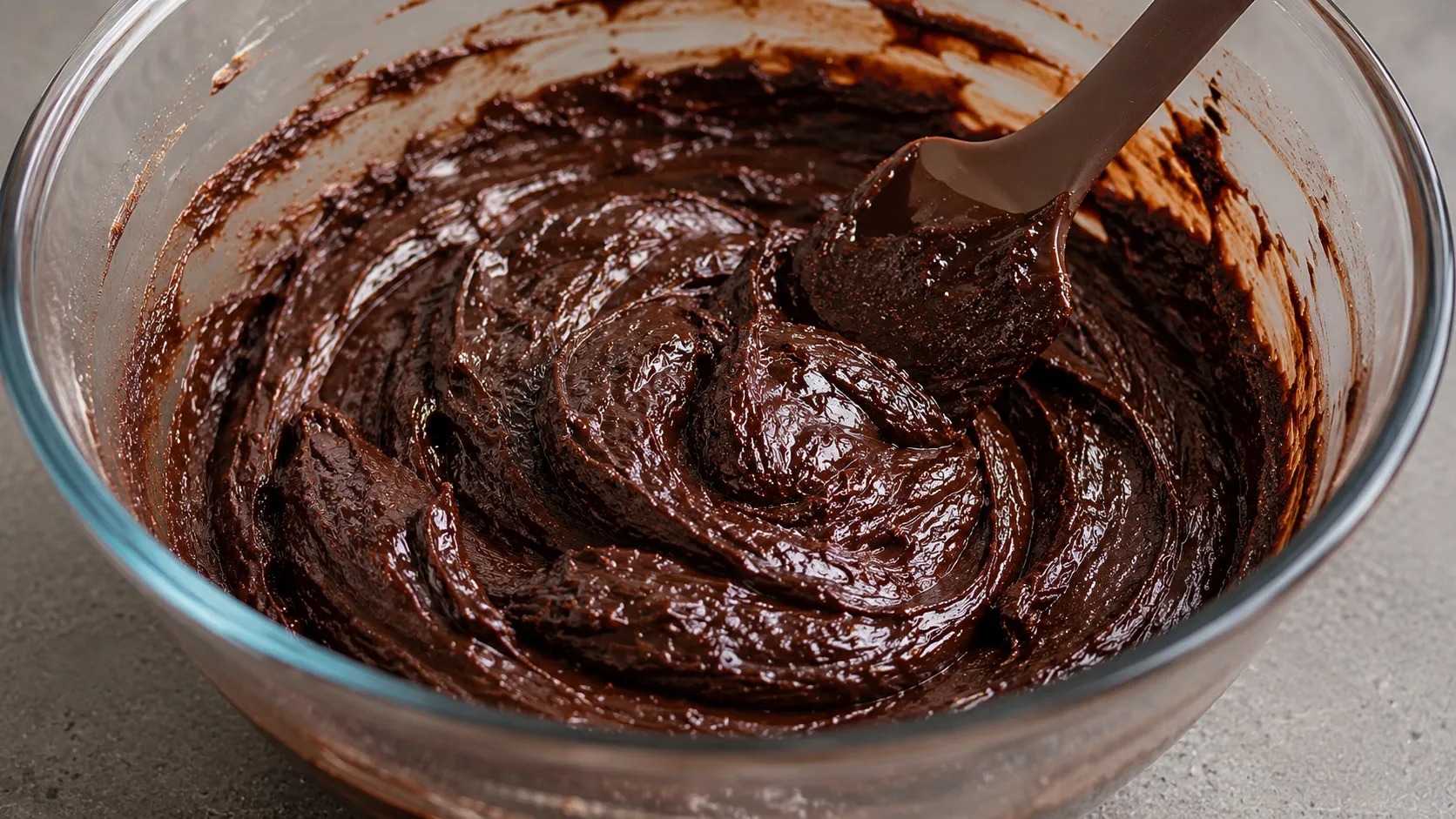Dunkler Brownie Teig in einer Glasschüssel mit geschmolzener Schokolade