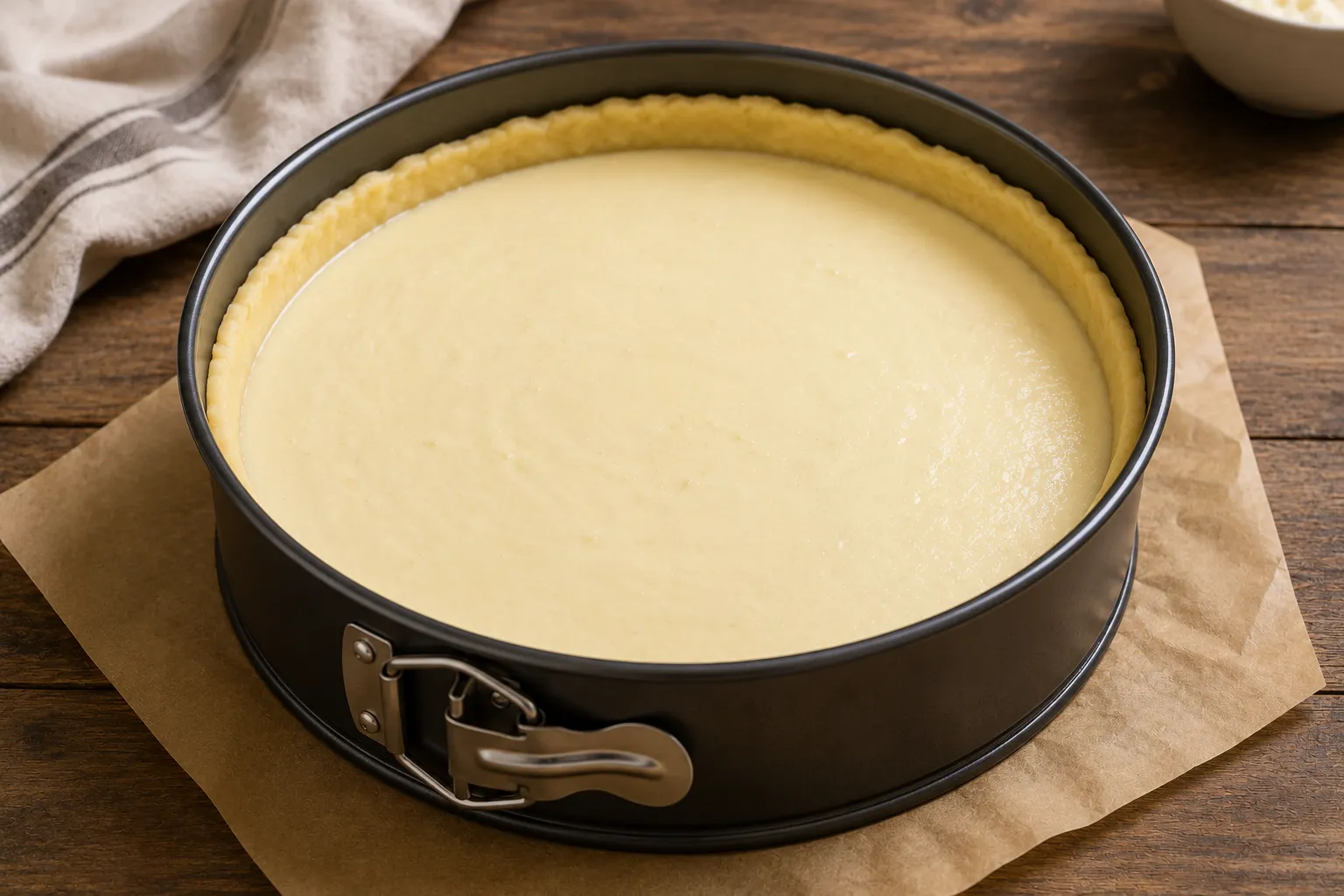 Klassischer Käsekuchen in der Springform vor dem Backen
