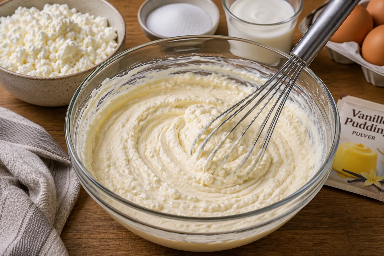 Cremige Käsekuchenfüllung wird in einer Schüssel verrührt