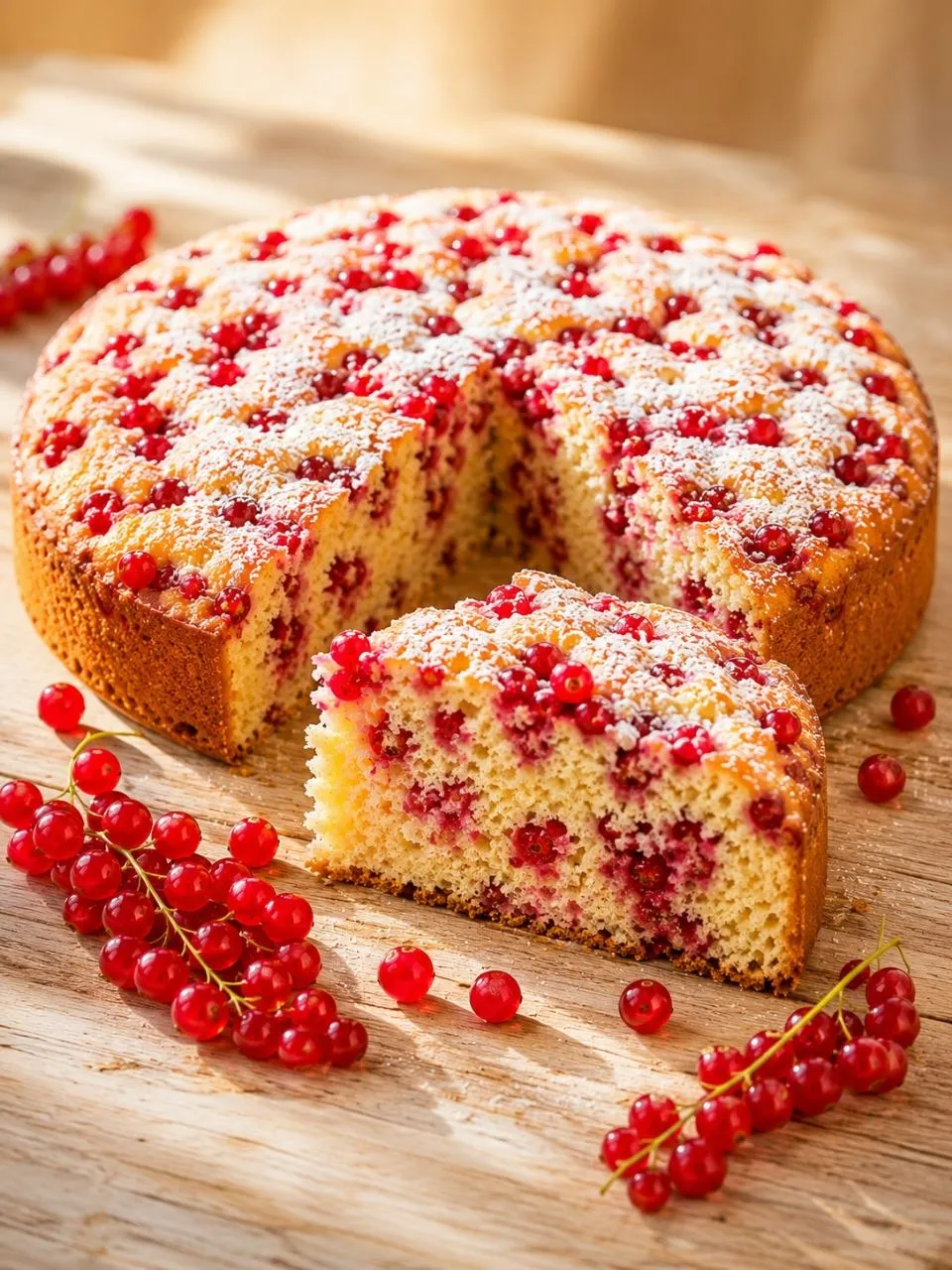 Hausgemachter Kuchen mit Johannisbeeren im 3:4 Format mit lockerer Krume und roten Johannisbeeren.