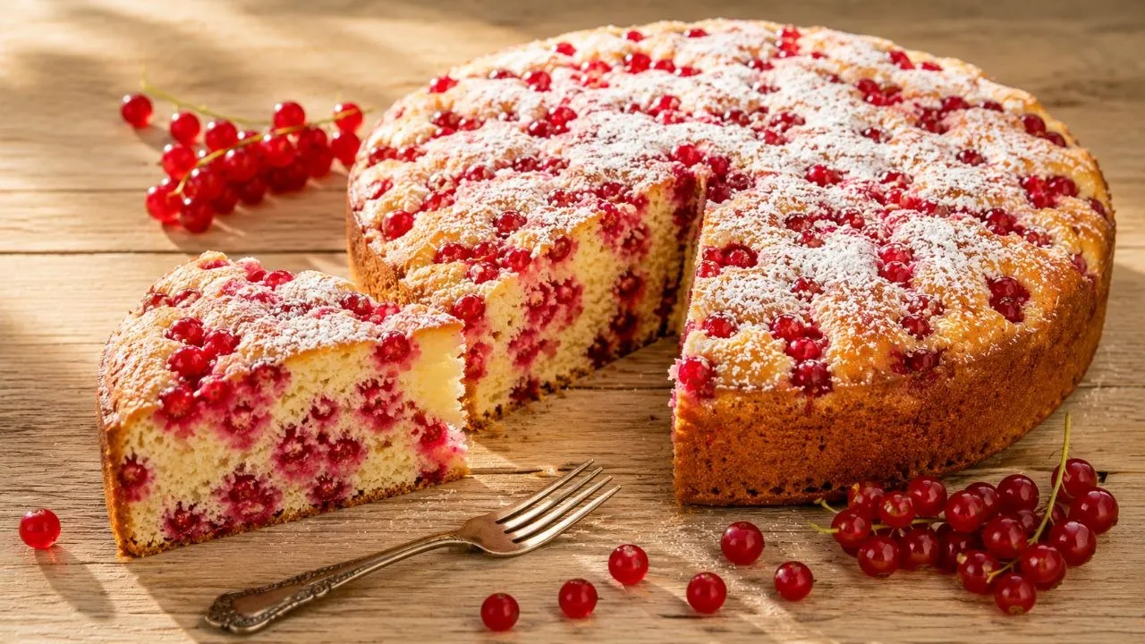 Fertiger Kuchen mit Johannisbeeren auf Holzuntergrund mit saftiger Krume und frischen roten Johannisbeeren.