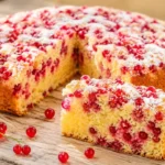 Saftiger Kuchen mit Johannisbeeren aus lockerem Rührteig mit frischen roten Johannisbeeren und Puderzucker.