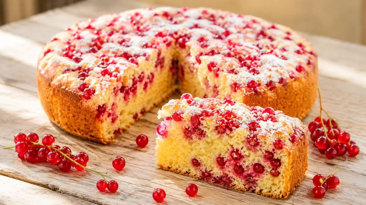 Saftiger Kuchen mit Johannisbeeren aus lockerem Rührteig mit frischen roten Johannisbeeren und Puderzucker.