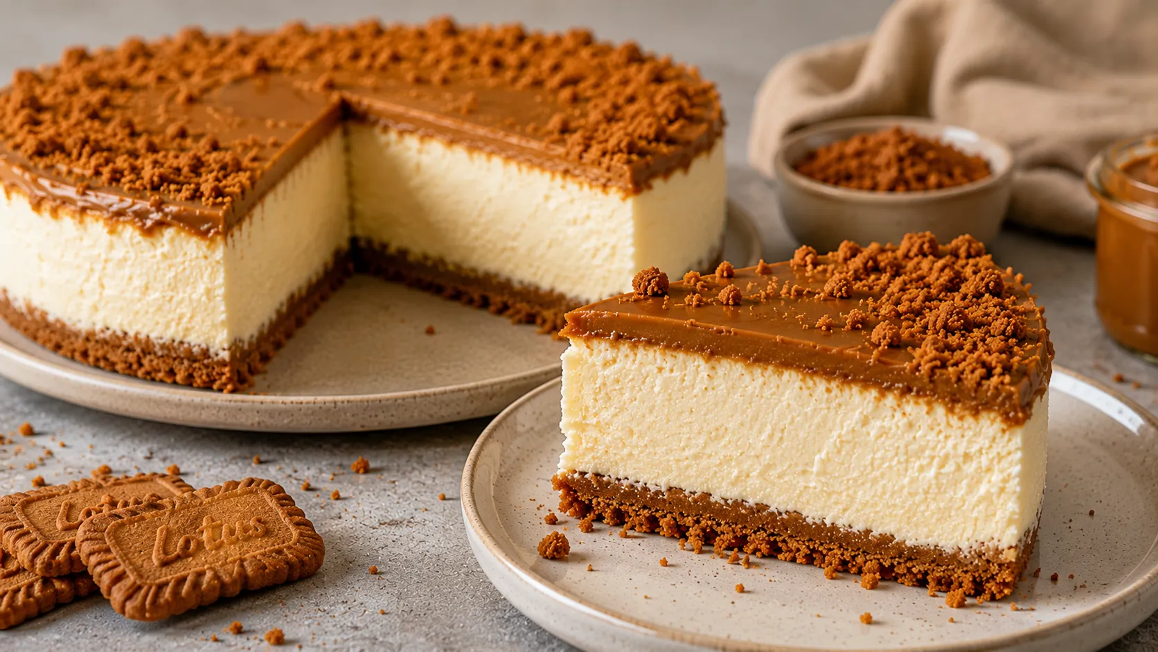 Lotus Käsekuchen mit sichtbarer cremiger Füllung und Lotus Biscoff Creme