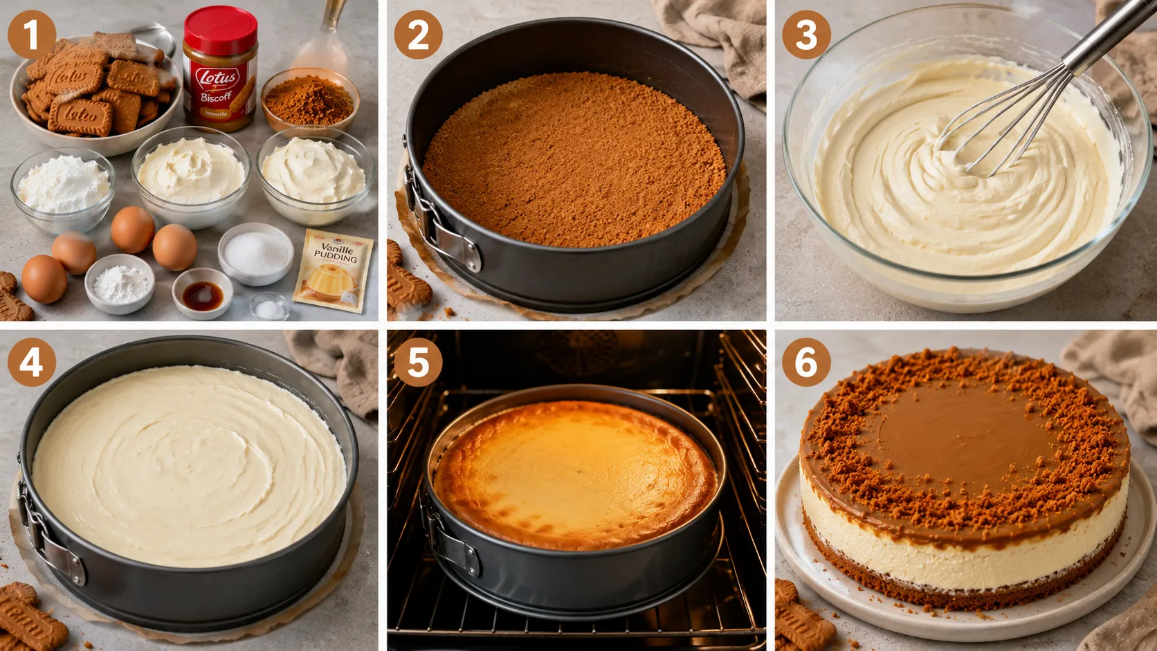 Lotus Käsekuchen Schritt für Schritt Anleitung mit Keksboden, Käsekuchenmasse und Lotus Topping