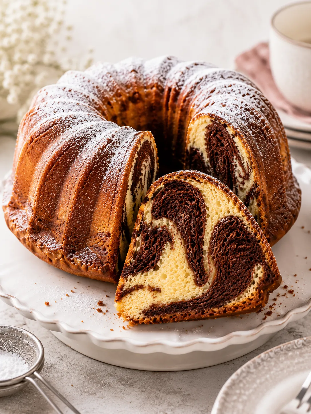 Marmorkuchen auf Kuchenplatte mit klassischer Marmorierung