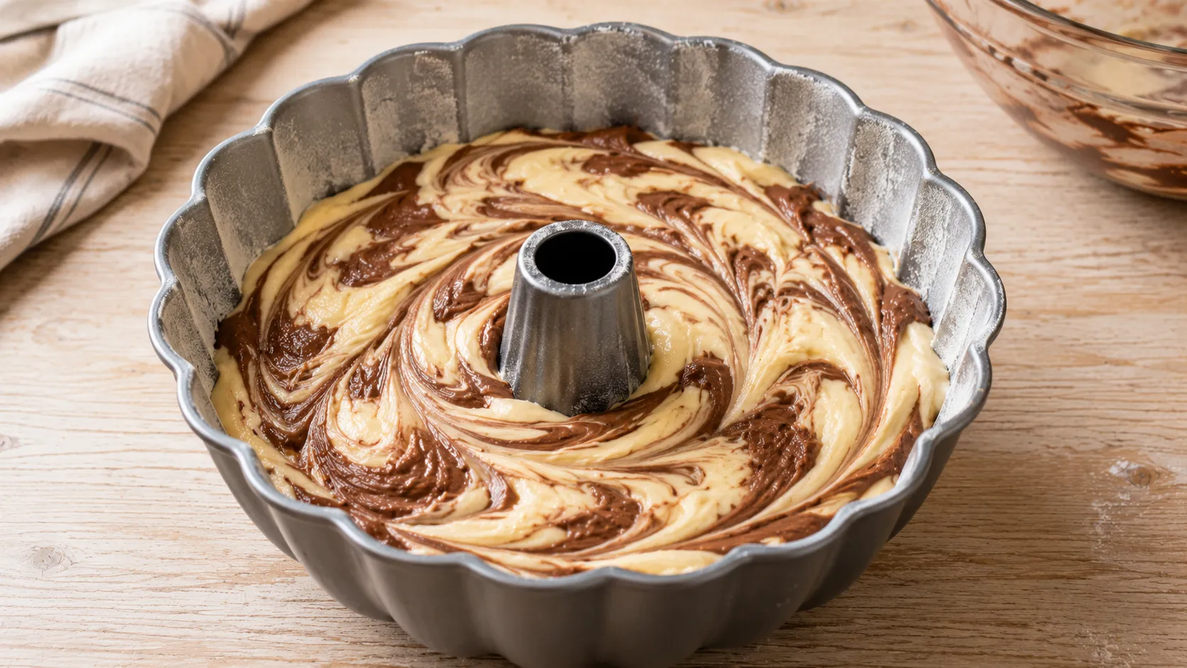 Marmorkuchen Teig in der Gugelhupfform vor dem Backen
