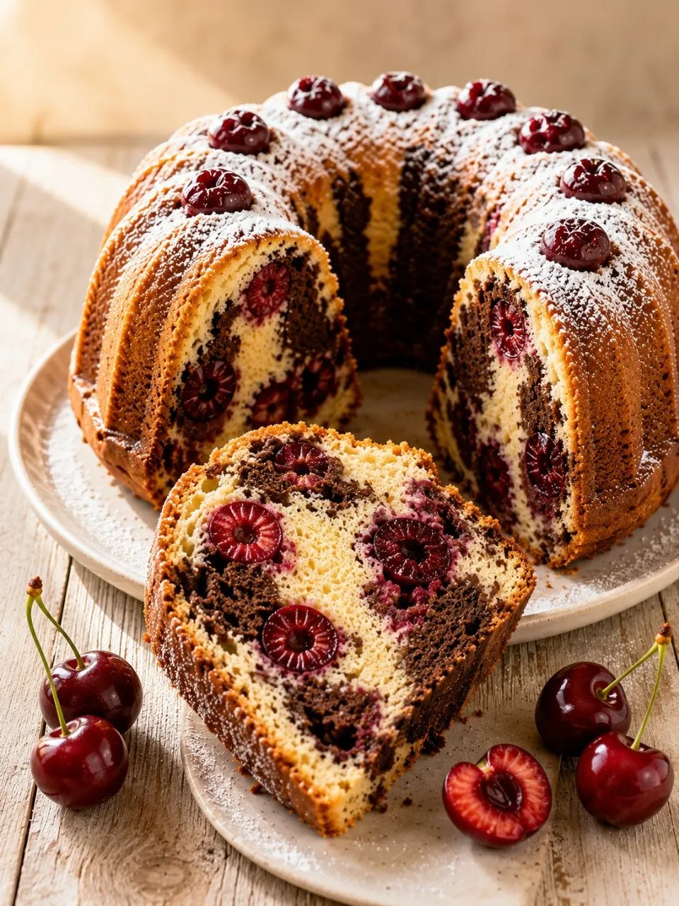 Marmorkuchen mit Kirschen aus Vanille- und Schokoladenteig mit saftigen Sauerkirschen