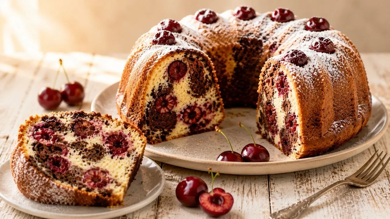 Hausgemachter Marmorkuchen mit Kirschen und deutlichem Vanille-Schoko-Marmormuster