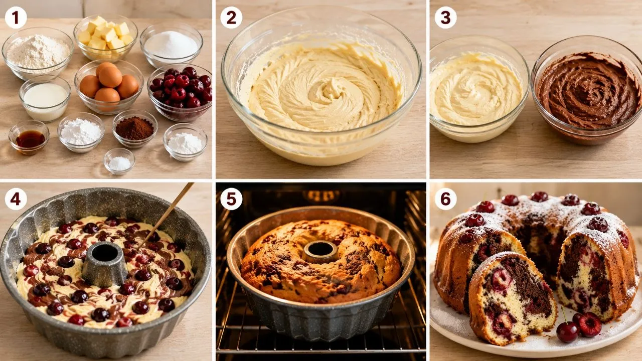 Schritt-für-Schritt Zubereitung für einen Marmorkuchen mit Kirschen
