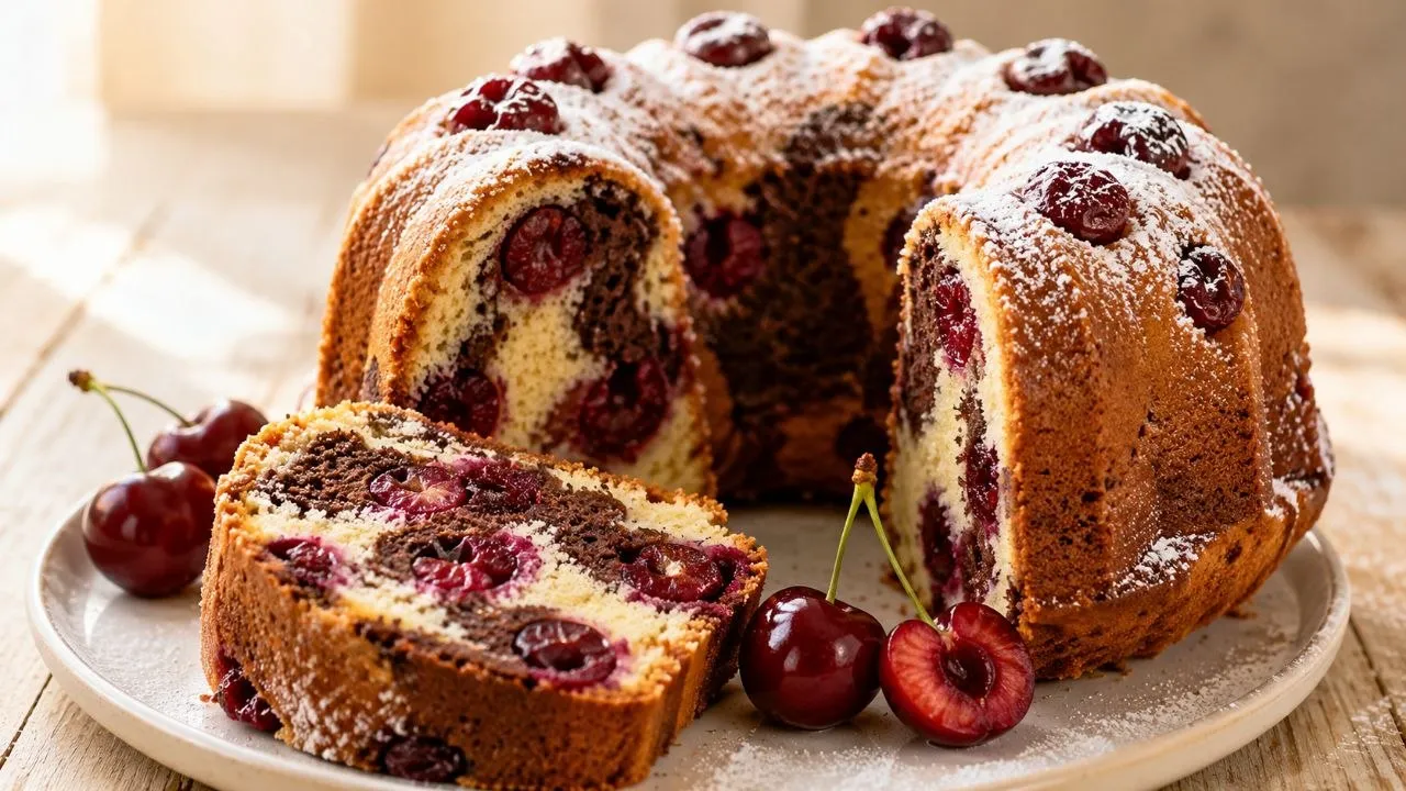 Saftiger Marmorkuchen mit Kirschen aus Vanille- und Schokoladenteig mit fruchtigen Sauerkirschen