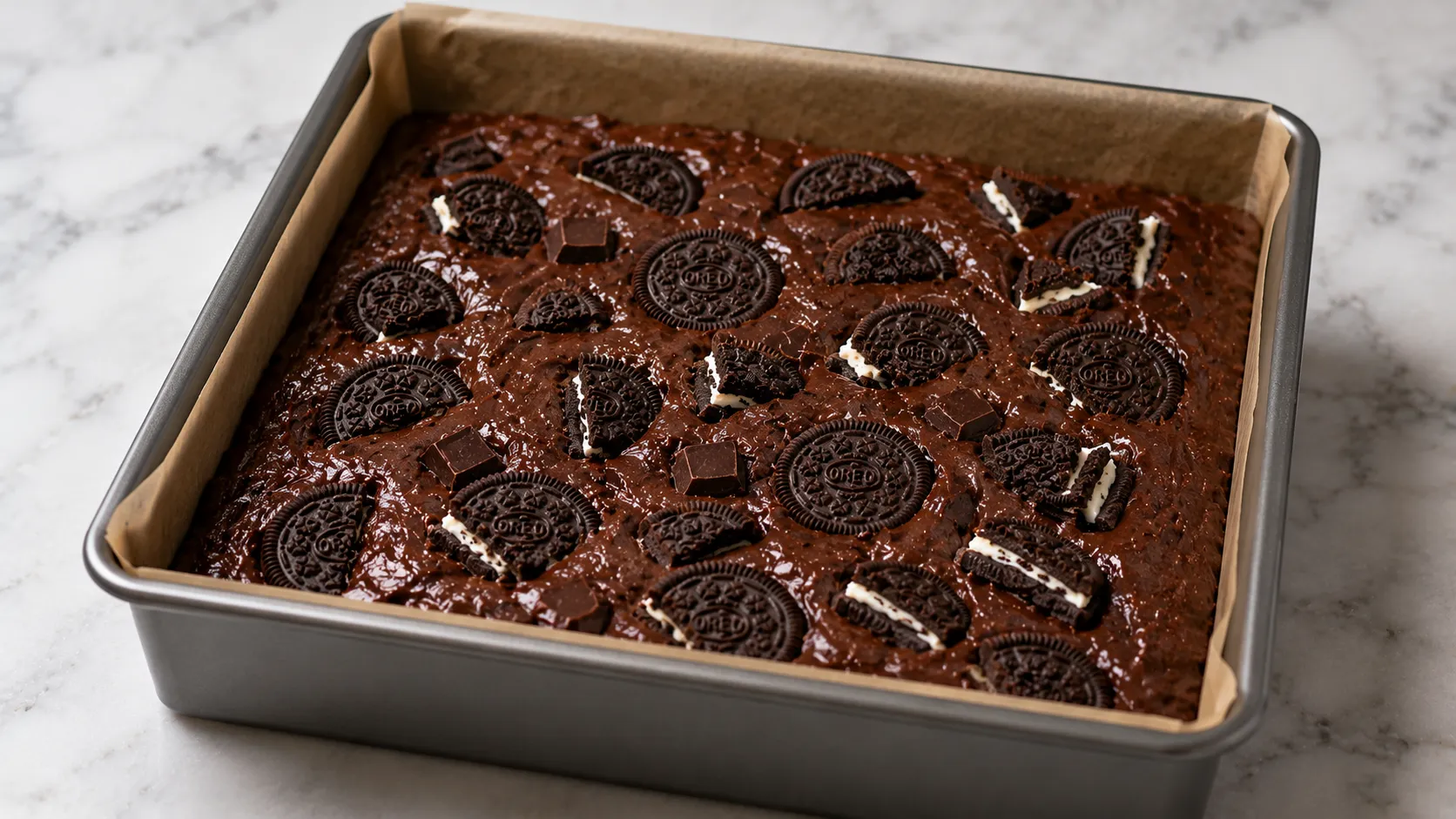 Oreo Brownies vor dem Backen in der Form