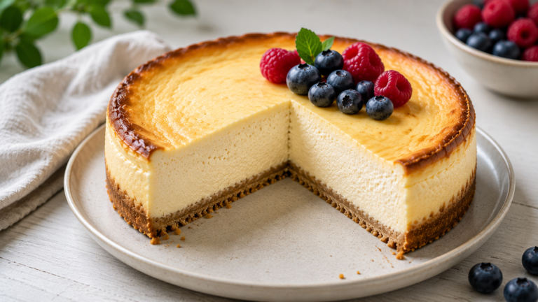 Protein Käsekuchen mit Skyr und Quark auf einem Teller serviert