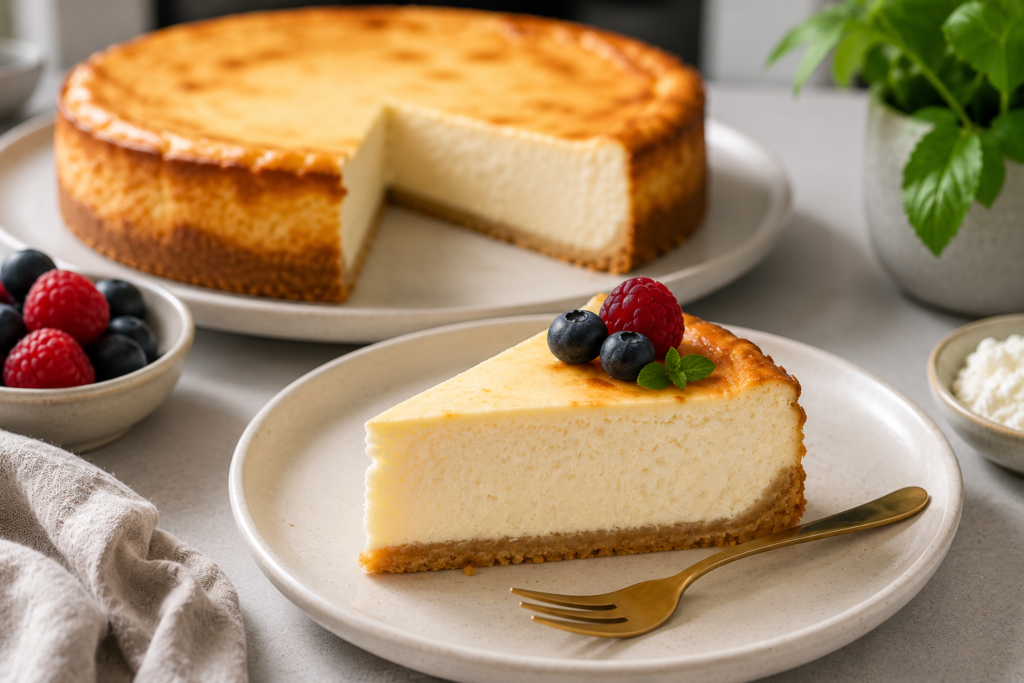 Ein Stück Protein Käsekuchen mit Skyr und Quark auf einem Teller mit frischen Himbeeren und Heidelbeeren