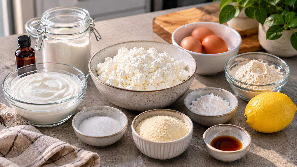 Zutaten für Protein Käsekuchen mit Skyr, Magerquark, Eiern, Vanille-Proteinpulver und Zitrone auf einer modernen Küchenarbeitsplatte