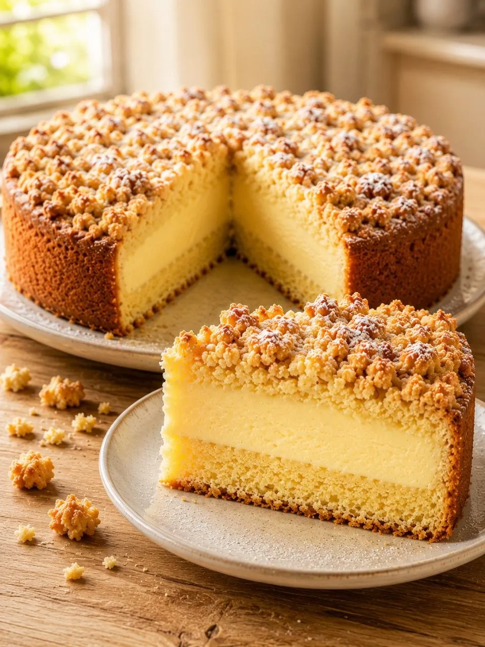 Hausgemachter Pudding Streusel Kuchen mit cremiger Vanillepuddingfüllung und goldbraunen Butterstreuseln