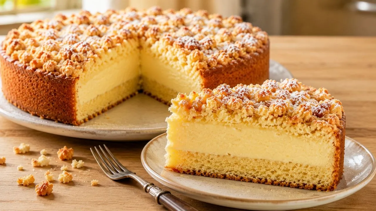 Angeschnittener Pudding Streusel Kuchen mit dicker Vanillepuddingfüllung und knusprigen Butterstreuseln