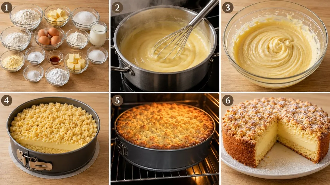 Schritt-für-Schritt Zubereitung für Pudding Streusel Kuchen mit Vanillepudding und Butterstreuseln