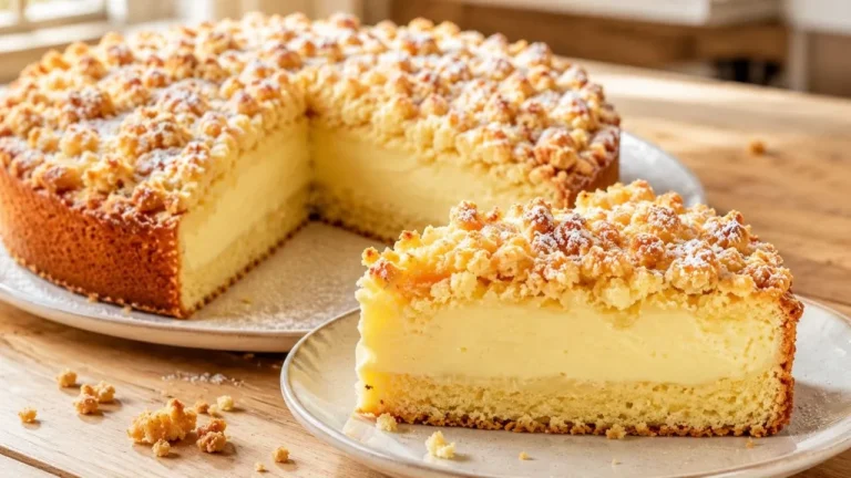 Pudding Streusel Kuchen mit cremiger Vanillepuddingfüllung, knusprigen Butterstreuseln und lockerem Rührteig