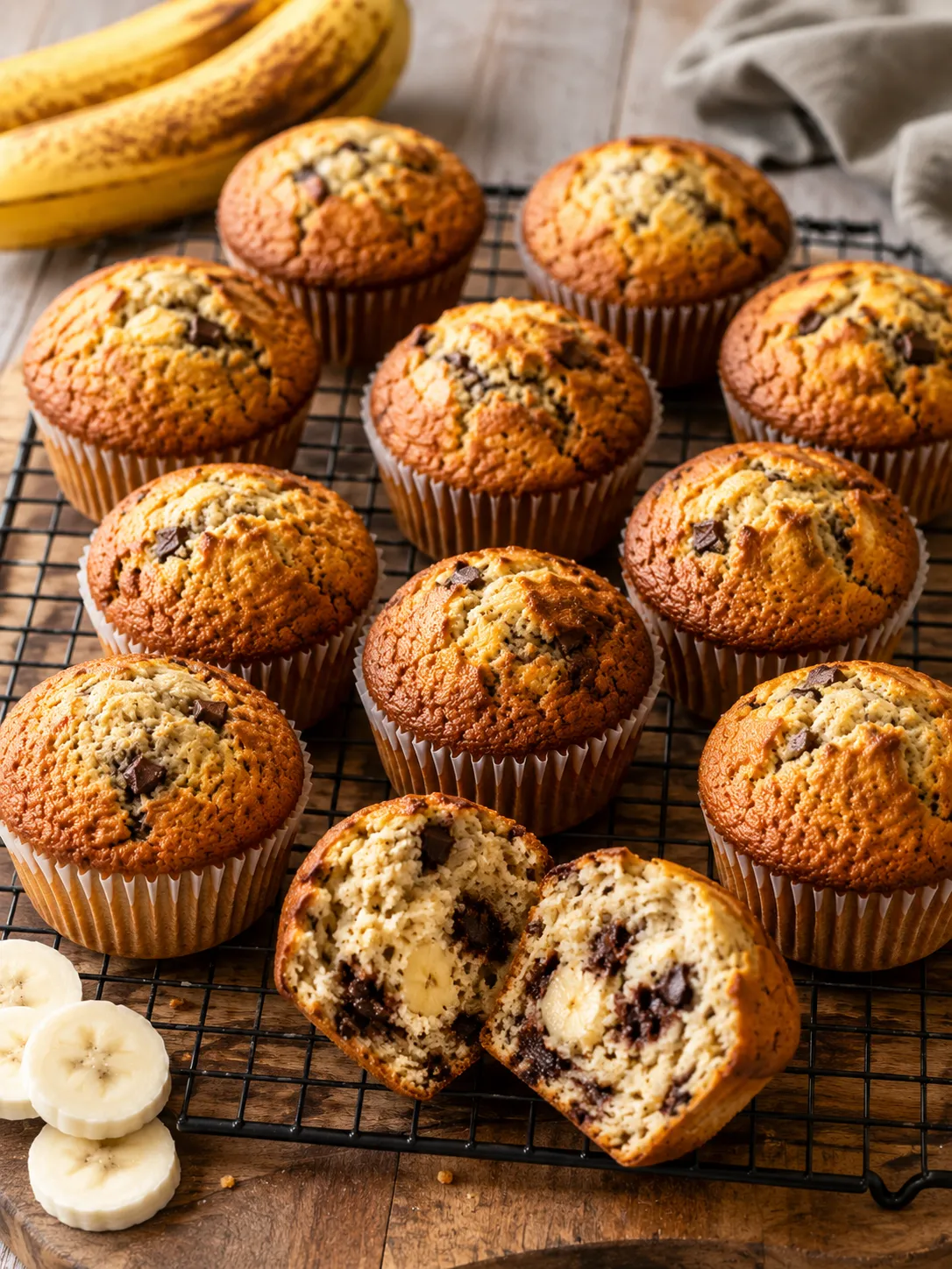 Saftige Bananen Muffins mit Schokostückchen auf einem Kuchengitter