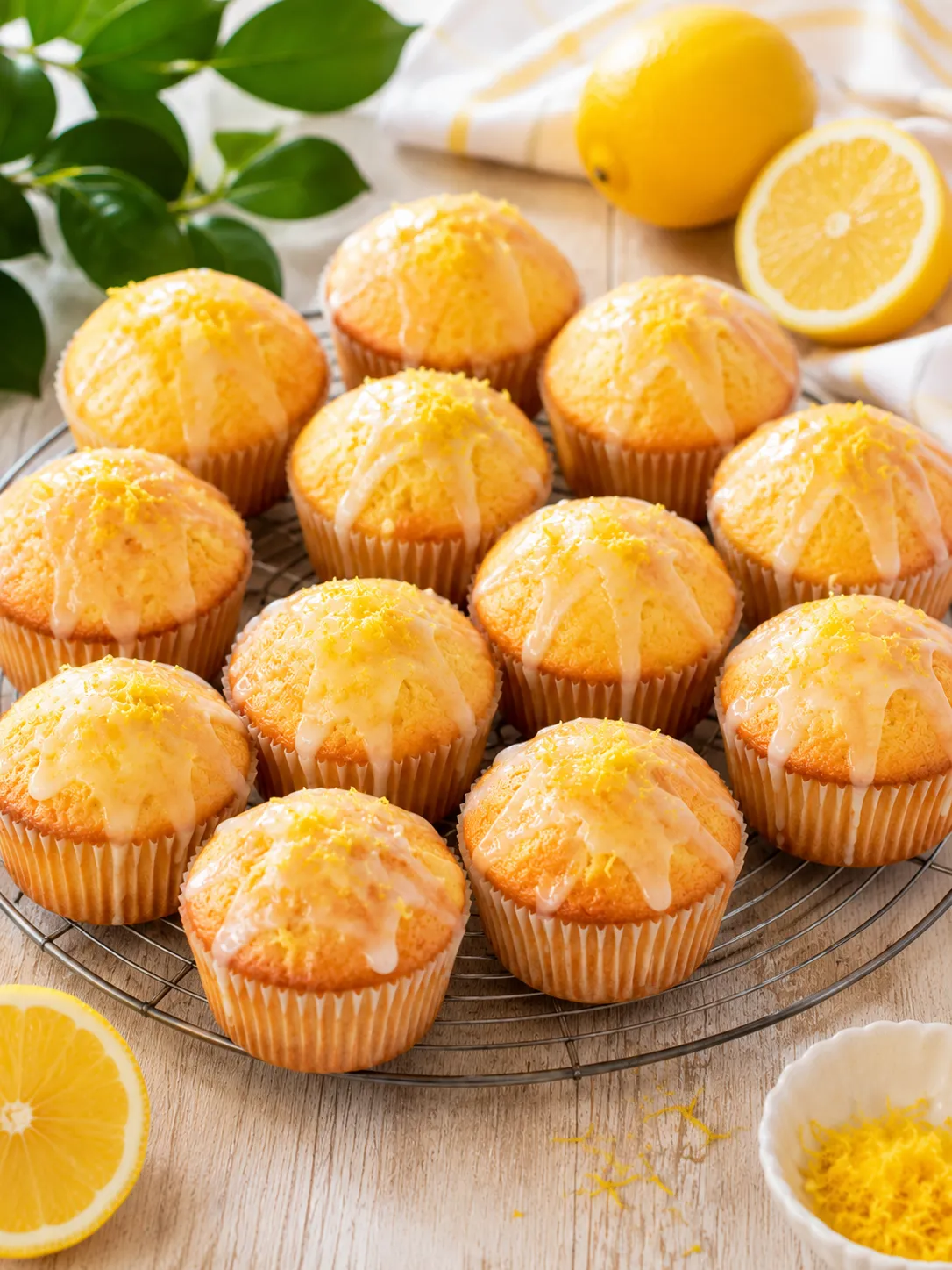 Saftige Zitronen Muffins mit Zitronenglasur auf einem Kuchengitter