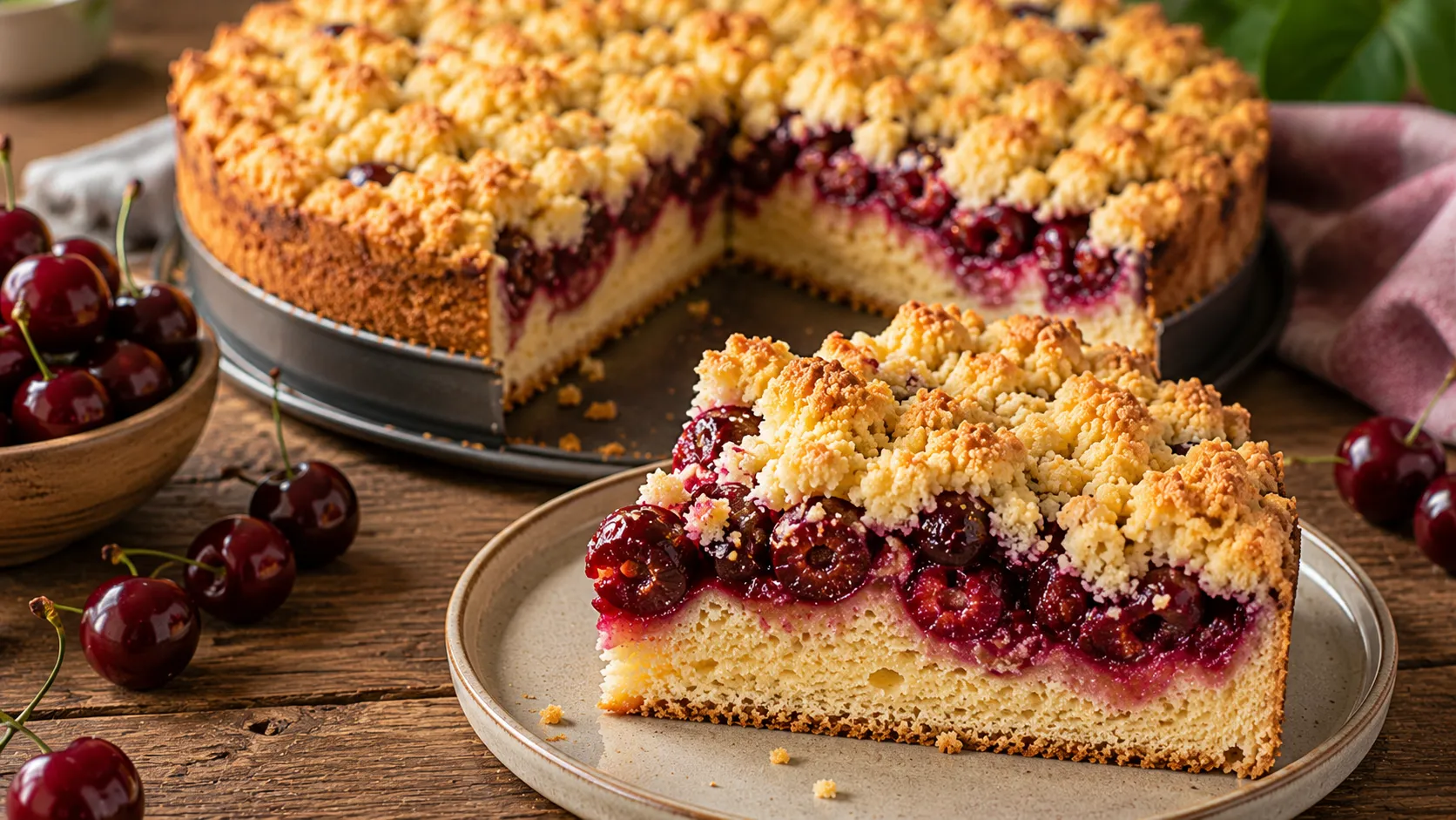 Saftiger Kirschkuchen mit Streusel und frischen Kirschen