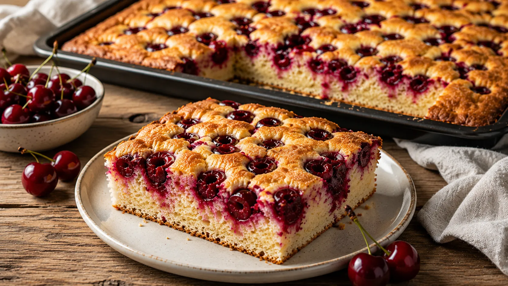 Saftiger Kirschkuchen vom Blech mit frischen Kirschen und lockerer Krume