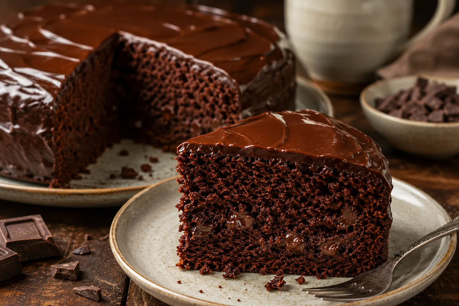 Anschnitt von saftigem Schokokuchen mit geschmolzener Schokolade