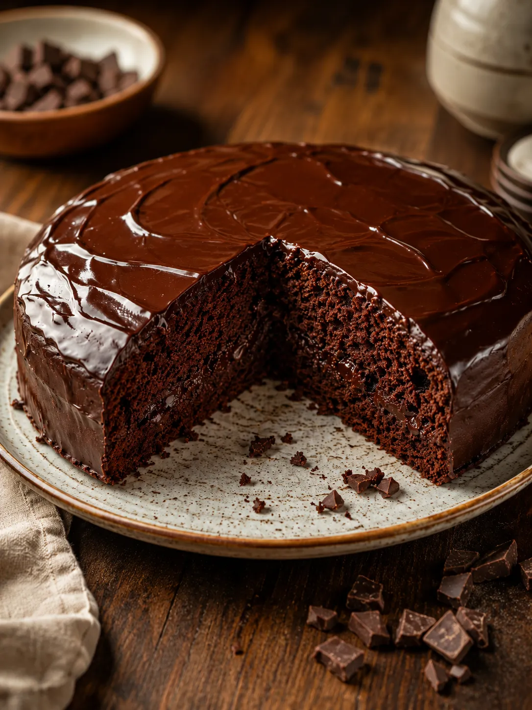 Saftiger Schokokuchen mit glänzender Schokoladenglasur und saftiger Krume