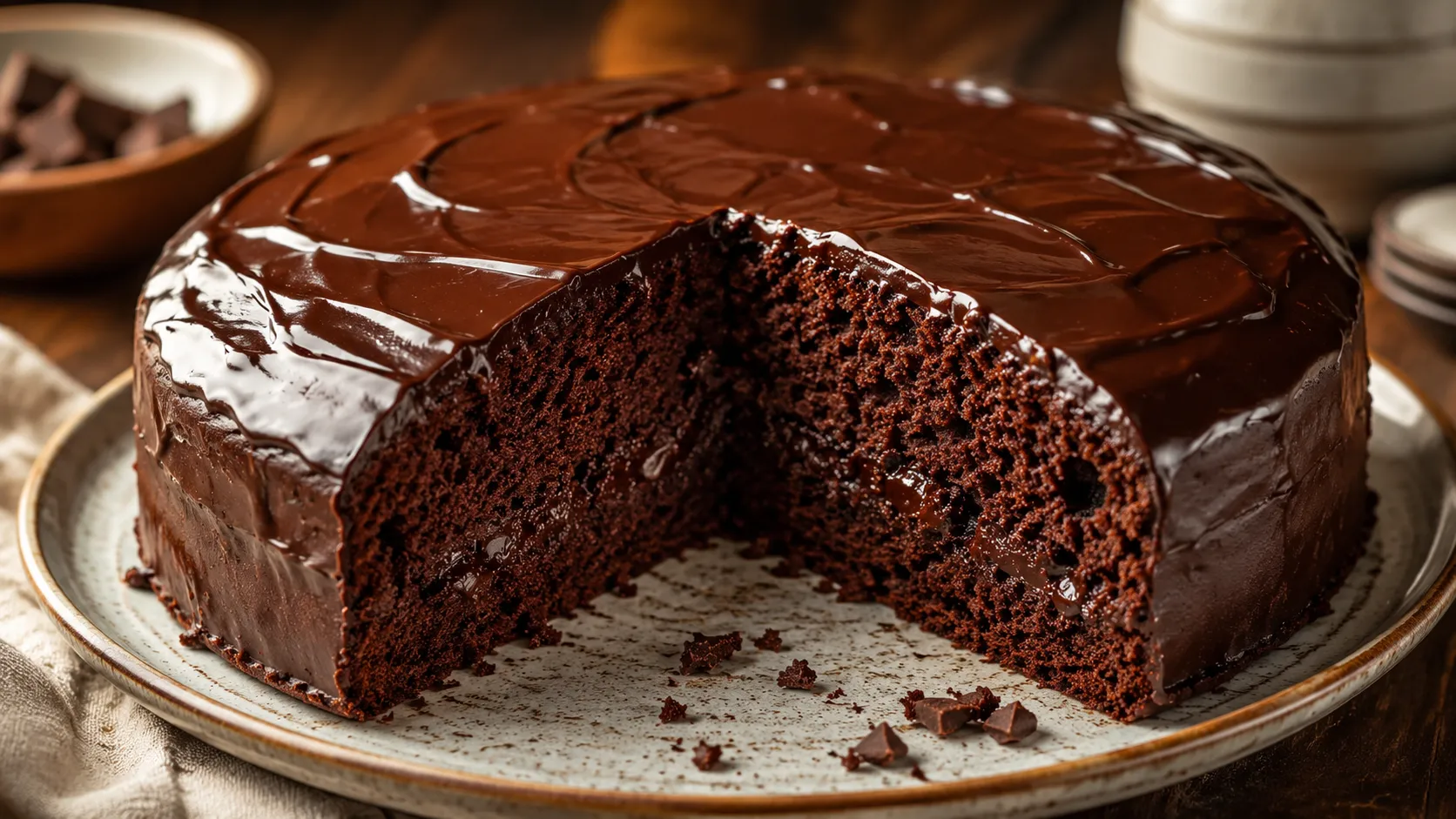 Saftiger Schokokuchen mit glänzender Schokoladenglasur und lockerer Krume