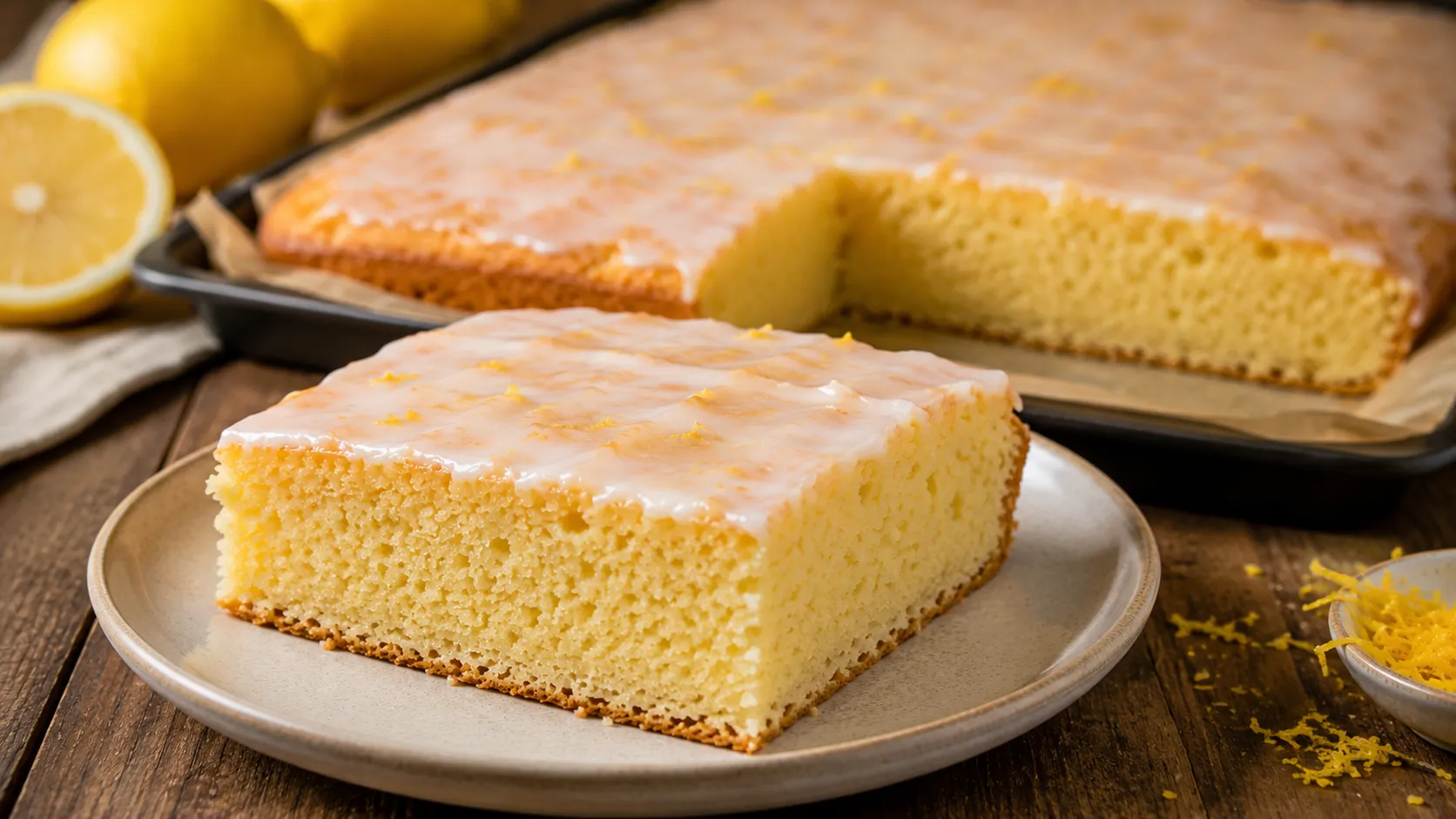 Saftiger Zitronenkuchen vom Blech mit frischer Zitronenglasur