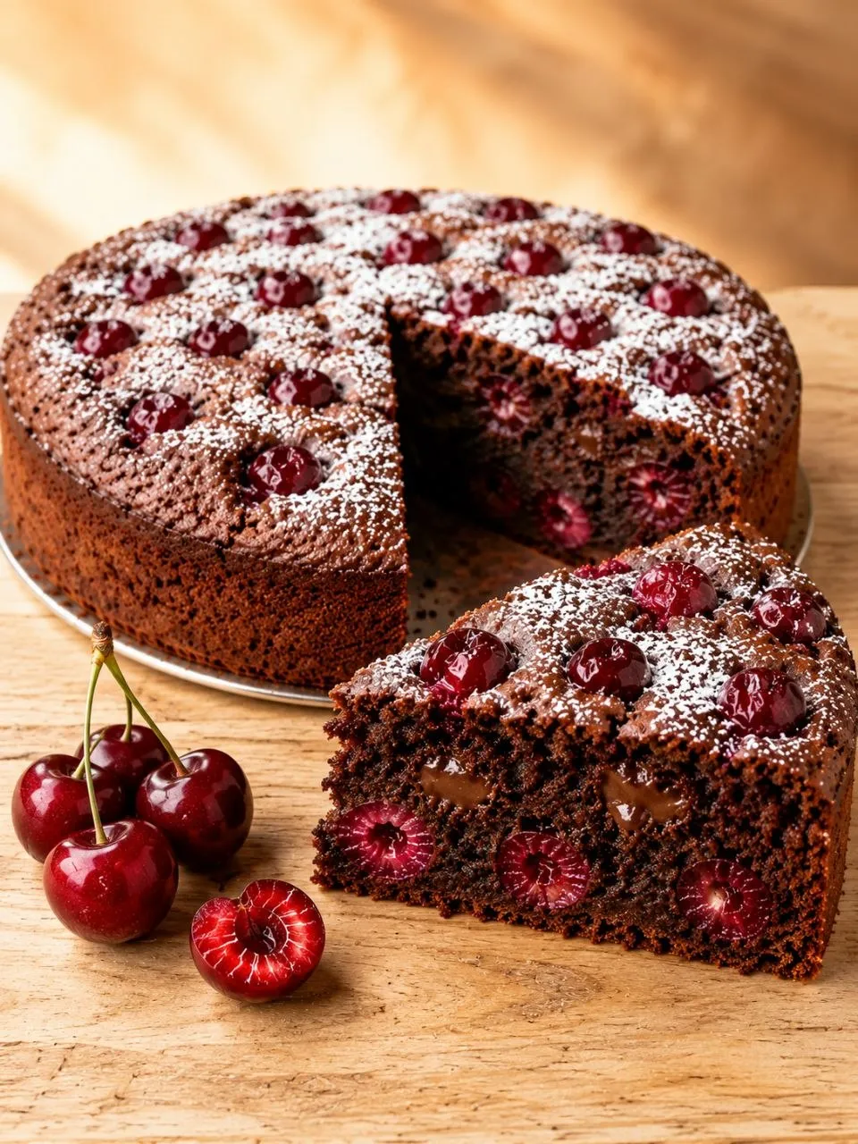 Schoko Kirsch Kuchen mit dunkler Schokoladenkrume, saftigen Sauerkirschen und geschmolzener Schokolade.